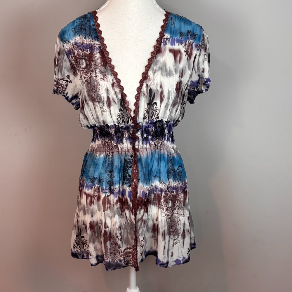 notations womens crinkle multicolor cinched waist babydoll fairy Y2K tunic top L